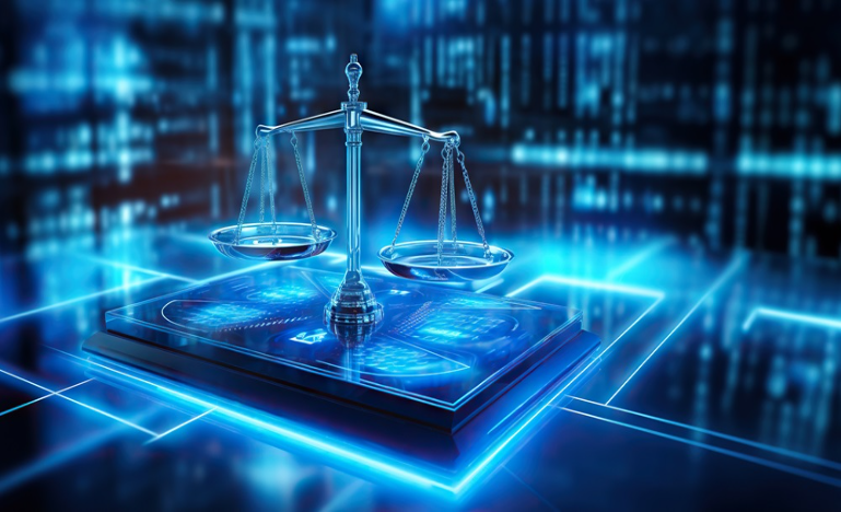 scales of justice over digitized data background