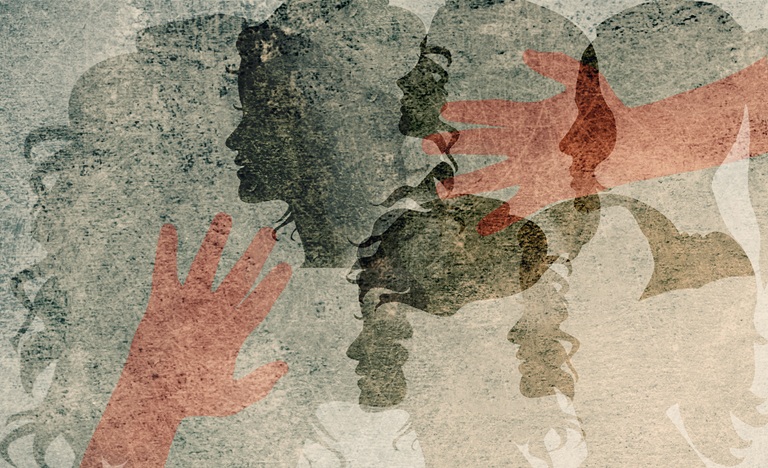 collaged illustration in shades of grey of women's faces in silhouette, with two red hands reaching across from either side attempting to cover their mouths