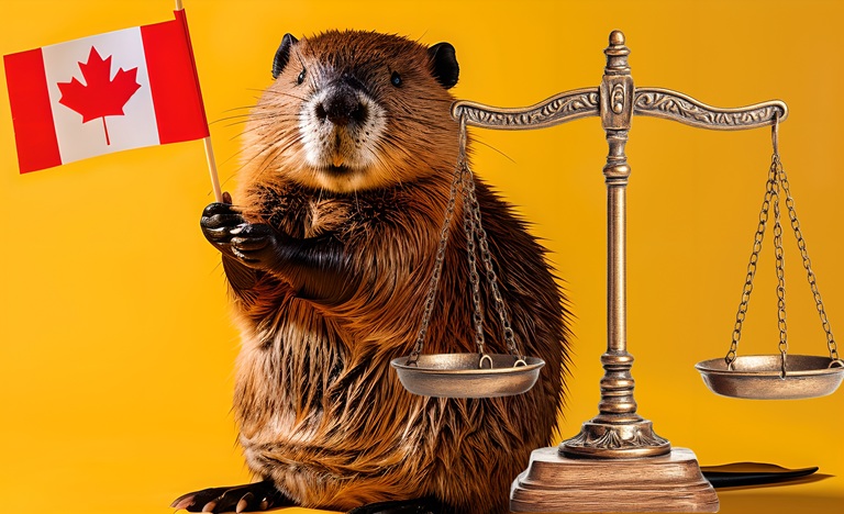 Beaver stands against a yellow background next to scales of justice, holding up a tiny Canadian flag in is right paw