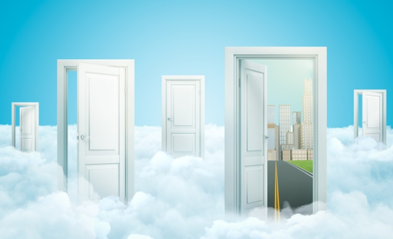 Surreal scene of white doors floating among clouds, with one open door revealing a cityscape and a road leading forward.
