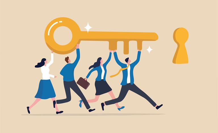 illustration of four professionals, two women and two men, in suits, lifting a giant key over their head and running together towards a keyhole