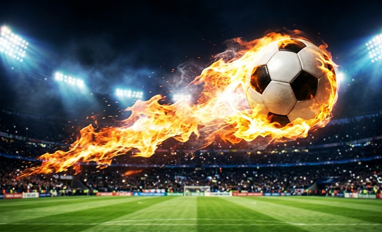 soccer flying across soccer field surrounded by flames, with fiery tail like a comet