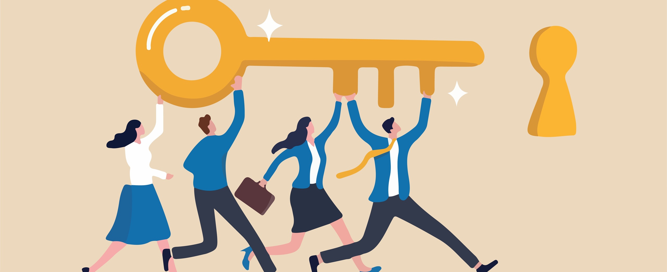 illustration of four professionals, two women and two men, in suits, lifting a giant key over their head and running together towards a keyhole