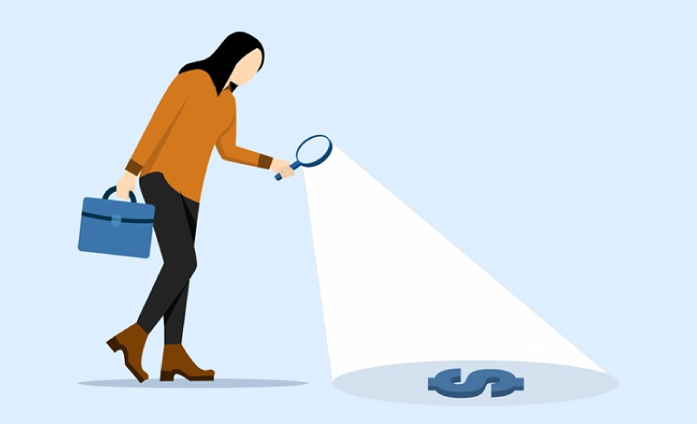 Illustration of a woman with a briefcase using a magnifying glass to search for a dollar symbol on the ground.