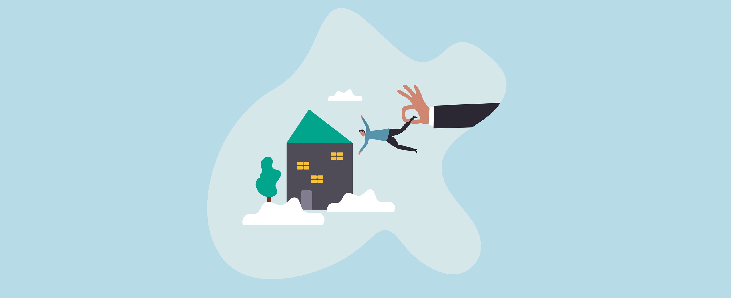 illustration of a house and a person being plucked out through the window by a large hand attached to the arm in a business jacket