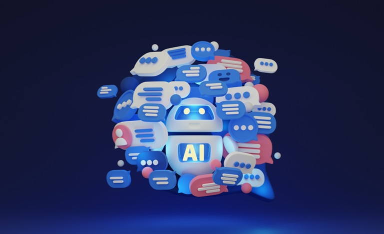 AI chatbot surrounded by speech bubbles representing conversations, on a dark blue background.