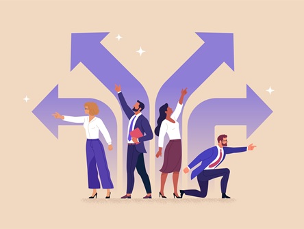 Illustration of four business people, mixed gender, facing and pointing in different directions, each with a purple arrow shooting up behind them.