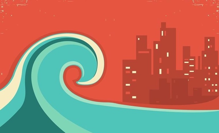 A blue wave on a orange background