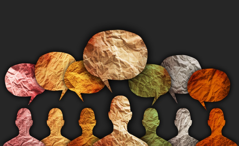 illustration of different-coloured figures, each with speech bubbles emerging from their heads