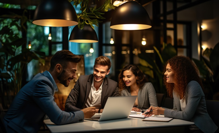 Group of young lawyers grouped around a computer screen, sharing an animated exchange