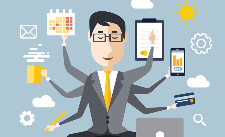 Illustration of a man in a business sitting cross-legged in front of a laptop raising six arms, each holding a different task-focused item (a calendar, a clipboard, a coffee, a pencil, etc).