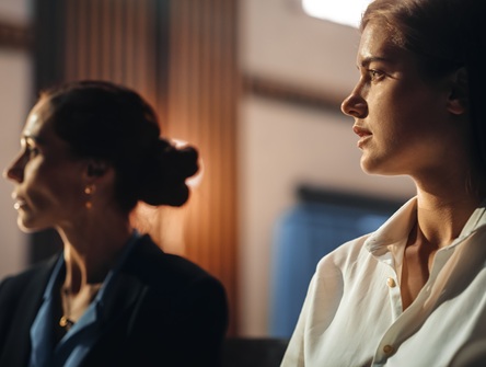 a woman seated in court next to her female attorney looking worried and fearful