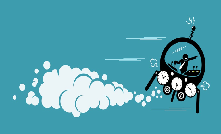 cartoon illustration of a business person in a time machine, moving across the sky and pointing forward