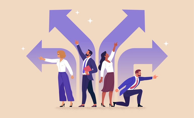 Illustration of four business people, mixed gender, facing and pointing in different directions, each with a purple arrow shooting up behind them.