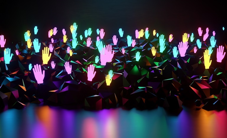 A graphic of many brightly coloured hands in a group raised as if volunteer