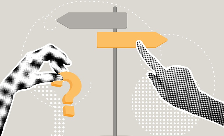 Grey-toned illustration of one hand approaching from left, one from right, each pointing to a different facing arrow on a two-pronged arrow signpost.