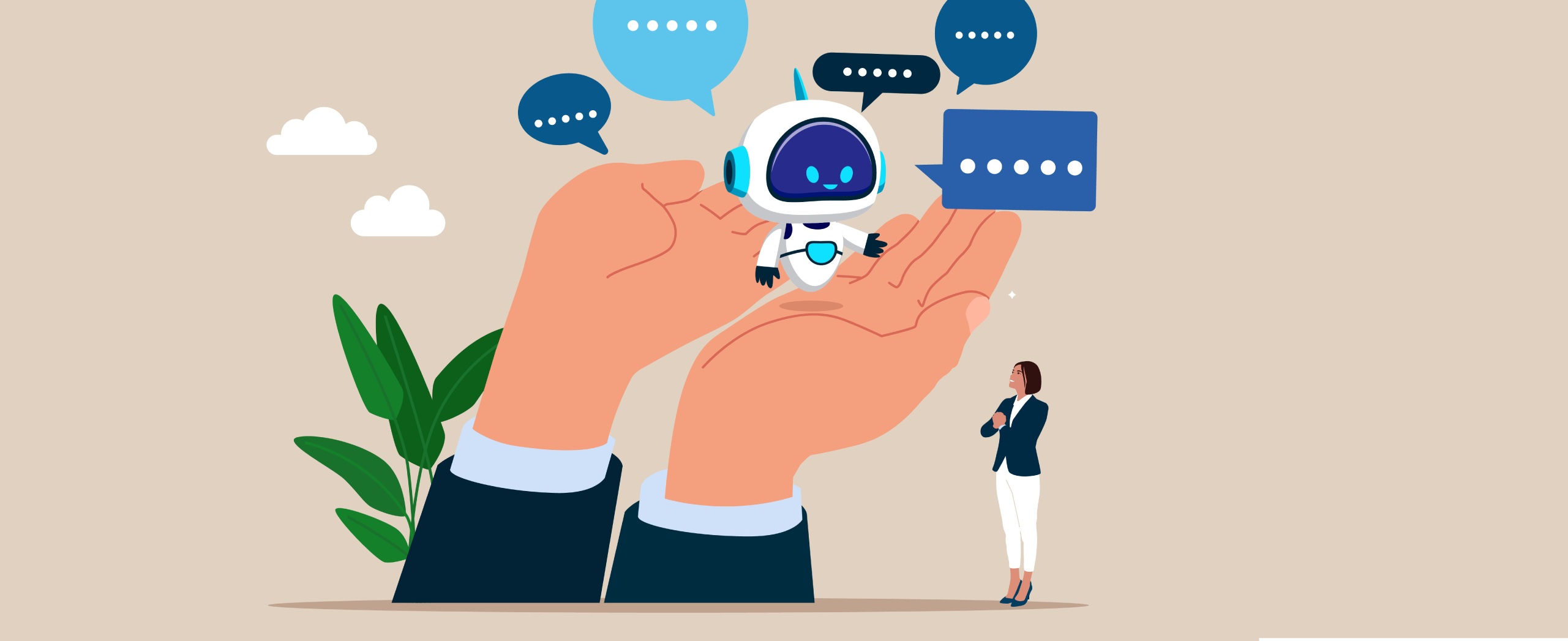 Cartoon illustration of giant hands lifting up an AI Robot that has speech bubbles around it, with a small woman in a business suit looking up at giant hands and AI-bot