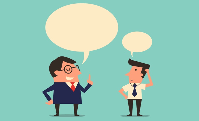 Older professional man and younger professional man with speech bubbles above their heads - older man giving advice, younger man scratching his head