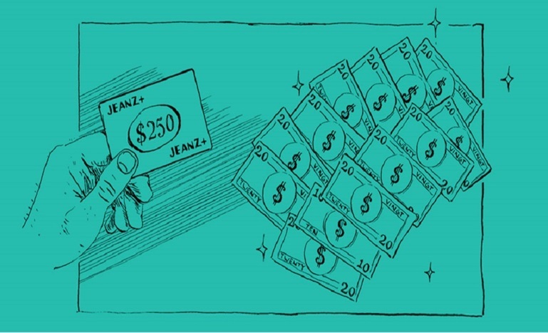 illustration of handing holding coupon next to an array of money bills in different denominations