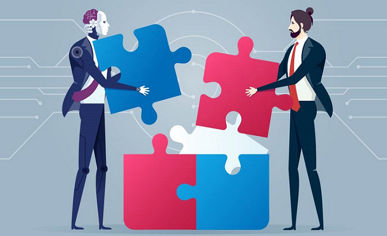 Two people putting puzzle pieces together