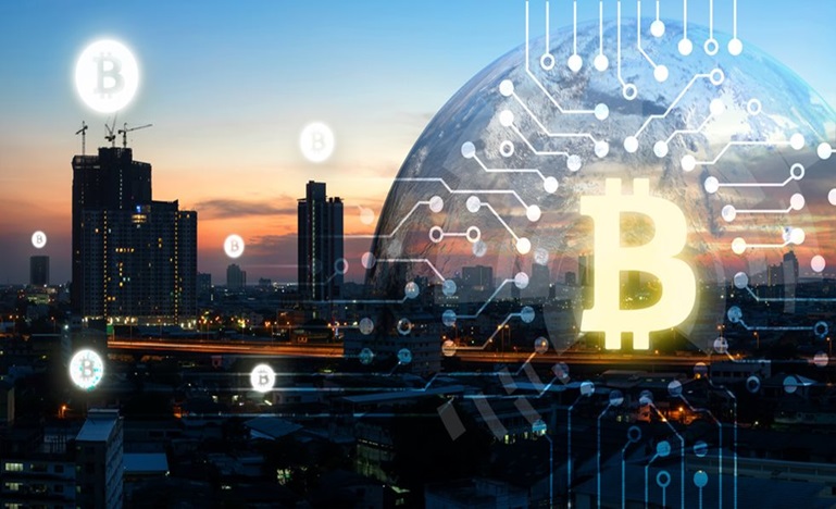 Bitcoin Logo stylized on a background of a globe over a city