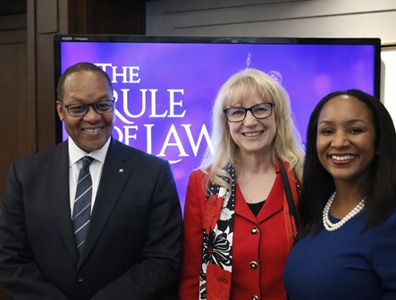Chief Justice Michael Tulloch, Deputy Judge Lynne Vicars and OBA member Sojourner King (l-r) at a Rule of Law campaign event