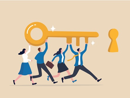 illustration of four professionals, two women and two men, in suits, lifting a giant key over their head and running together towards a keyhole