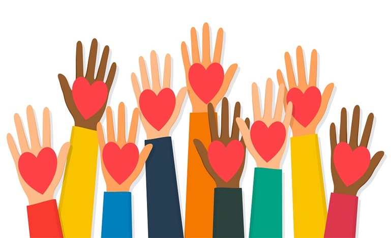 illustration of raised hands with a heart in the centre of each