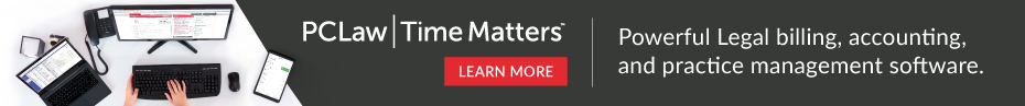 Advertisement for PCLaw | Time Matters software, featuring a workstation with multiple devices and the tagline 'Powerful legal billing, accounting, and practice management software.'