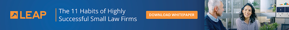 Advertisement for LEAP featuring the tagline 'The 11 Habits of Highly Successful Small Law Firms' with a 'Download Whitepaper' button and an image of two professionals conversing.