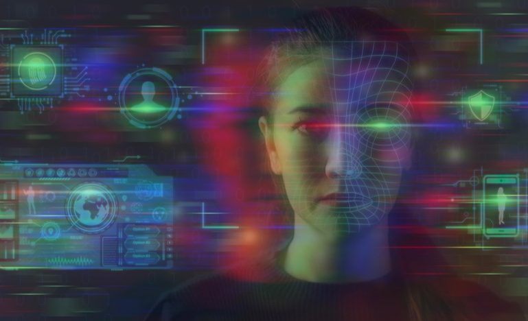 Futuristic digital concept of facial recognition technology, with a woman's face scanned by biometric data and holographic interface elements.