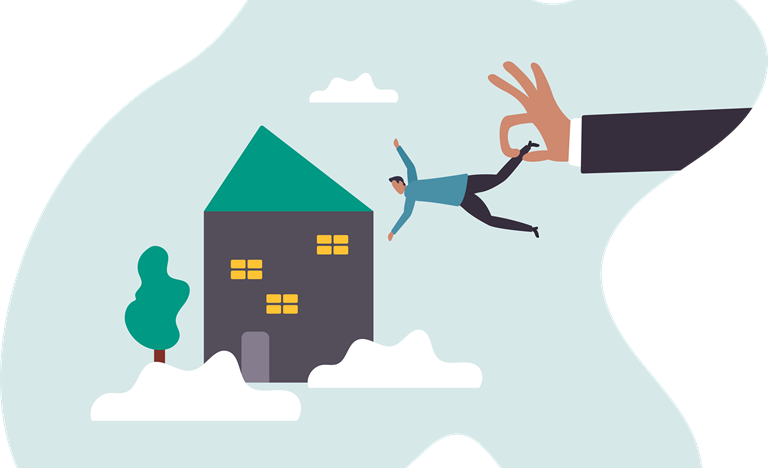 illustration of a house and a person being plucked out through the window by a large hand attached to the arm in a business jacket
