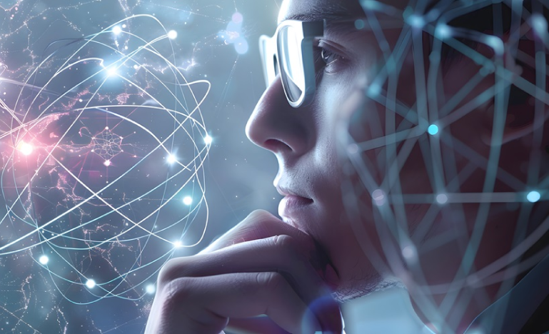 Futuristic concept of a man in glasses deep in thought, with digital neural networks and glowing data connections surrounding him.