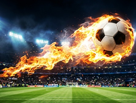 soccer flying across soccer field surrounded by flames, with fiery tail like a comet