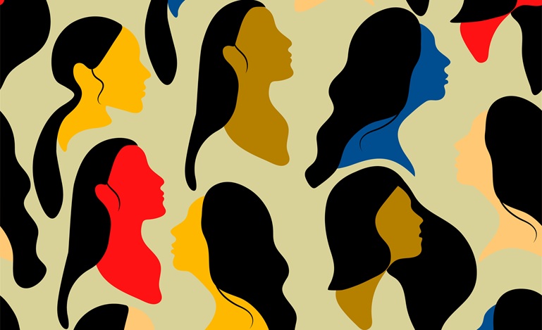 illustration of women's faces, in various colours, facing different directions
