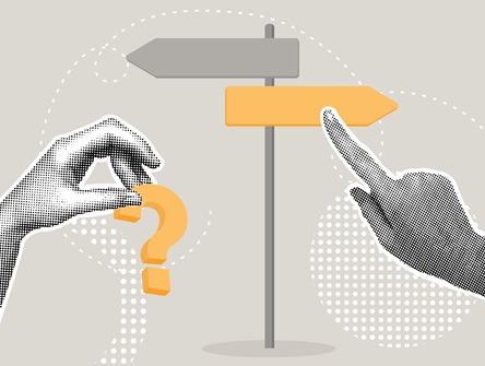 Grey-toned illustration of one hand approaching from left, one from right, each pointing to a different facing arrow on a two-pronged arrow signpost.
